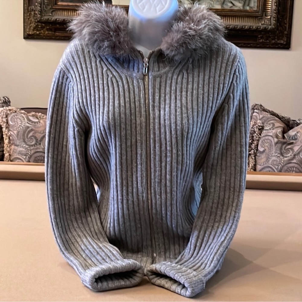 TSE ladies cashmere fox fur trimmed sweater jacket size medium